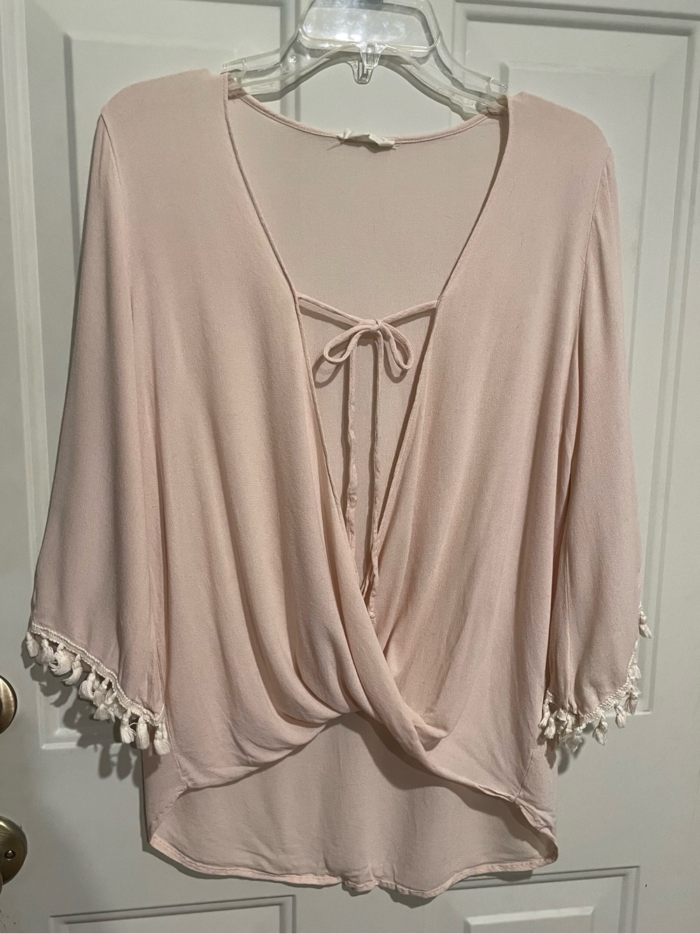 Millibon Blush Tassel-Trim Wrap-Front Blouse